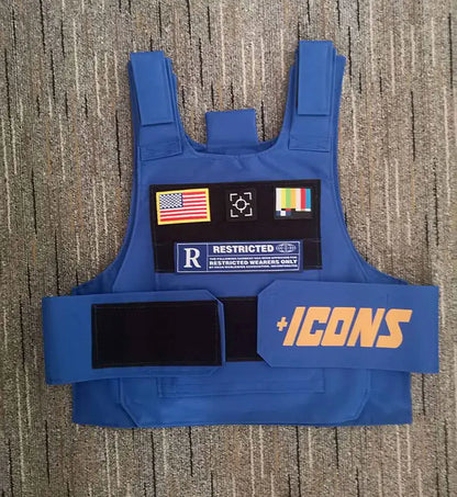 Blue tactical vest with orange plus icons branding and patches including american flag target and rainbow stripe for street fashion