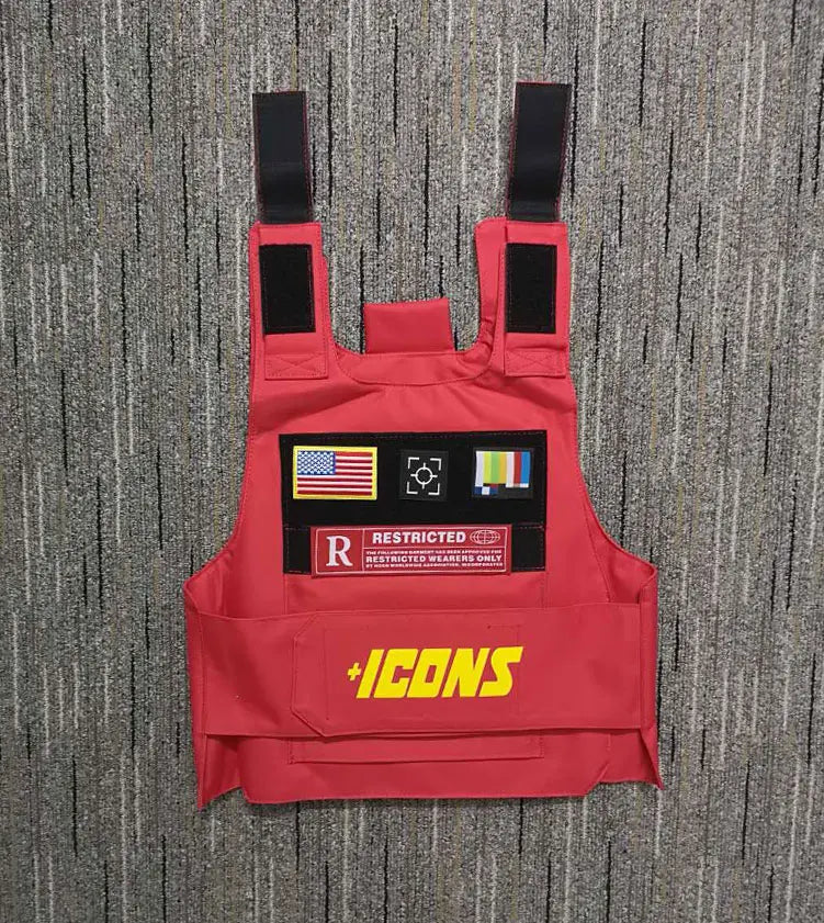 Red tactical vest with black straps and patches featuring bold yellow icons logo for 2022 rapper hiphop street fashion