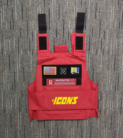 Red tactical vest with black straps and patches featuring bold yellow icons logo for 2022 rapper hiphop street fashion