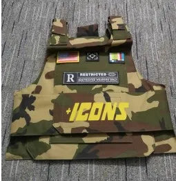 Camouflage tactical vest with multiple patches and yellow icons logo designed for 2022 rapper hiphop street fashion