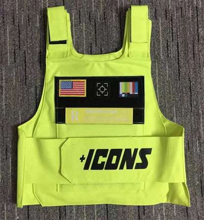 Neon yellow tactical vest with black american flag patch and bold plus icons text for street fashion men