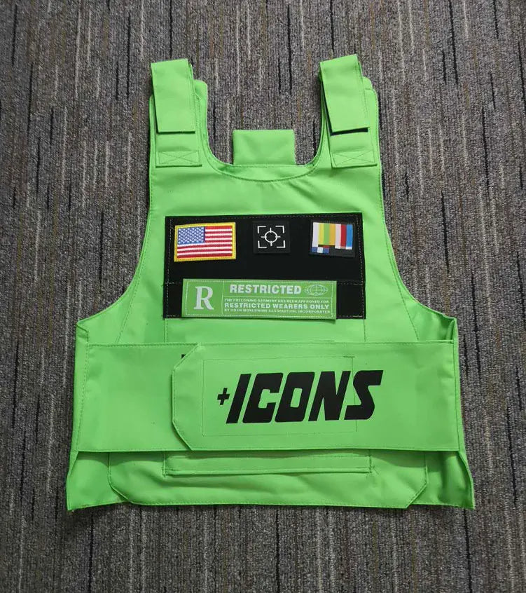 Bright neon green tactical vest with black patches american flag camera icon restricted text for hiphop street fashion