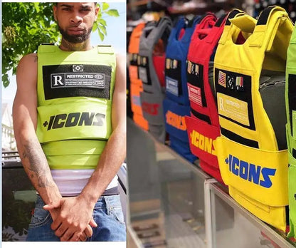 Bright neon green tactical vest with black accents and bold blue plus icons lettering for street fashion use