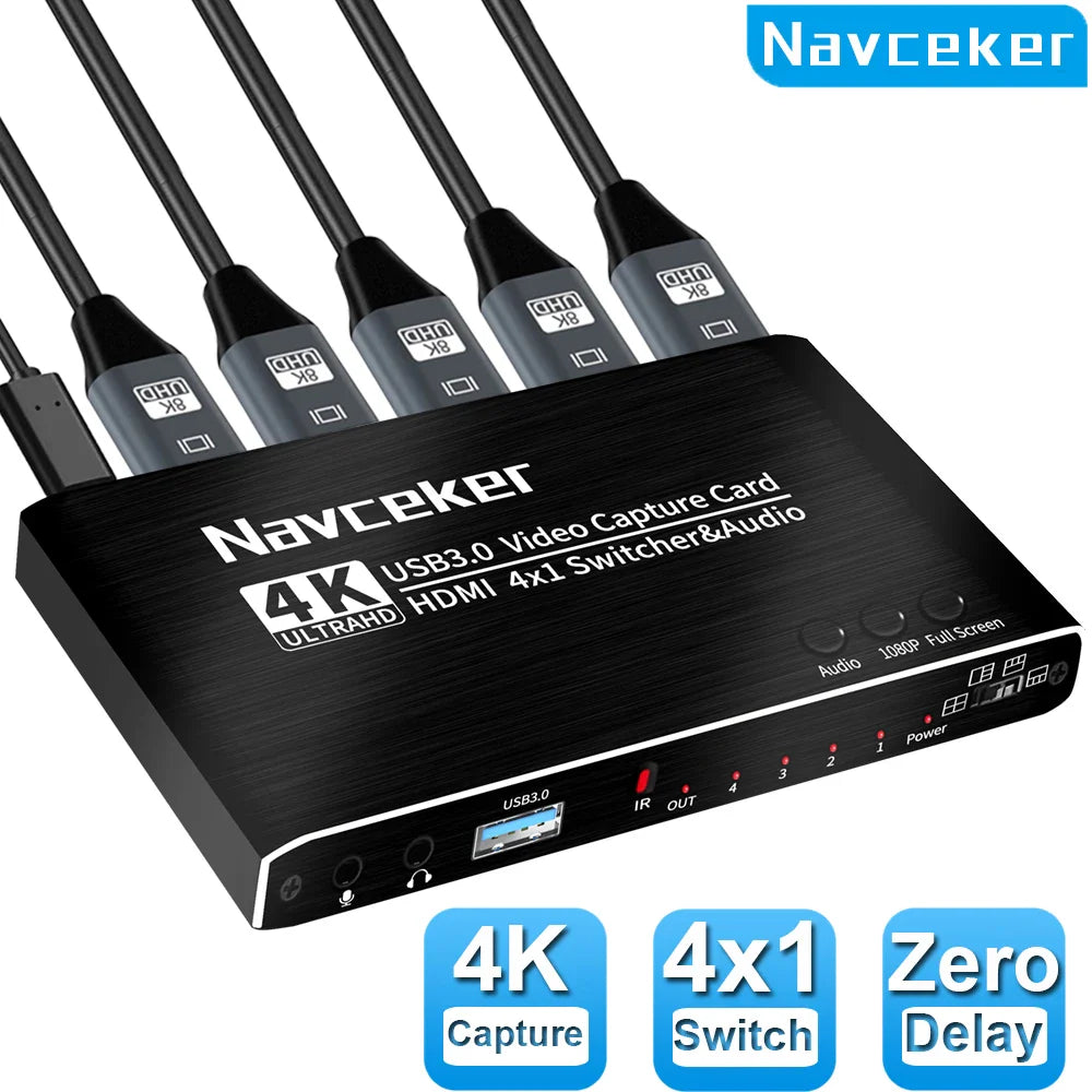 Black 2023 4 port 4k video capture card usb 3.0 grabber recorder seamless for camera recording live with hdmi inputs