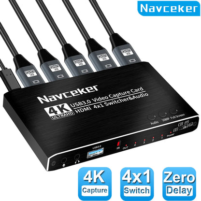 Black 2023 4 port 4k video capture card usb 3.0 grabber recorder seamless for camera recording live with hdmi inputs