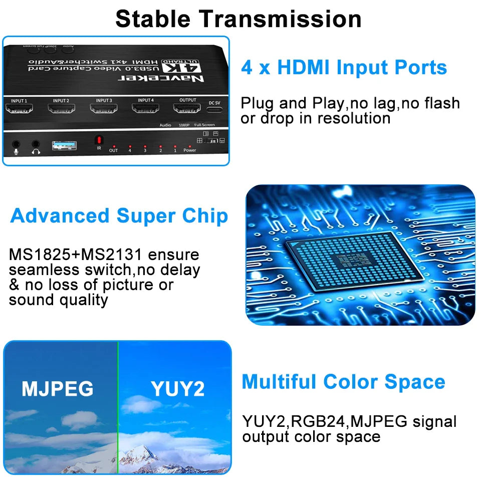 Black naveker 2023 4 port 4k video capture card usb 3.0 grabber recorder seamless for camera recording live streaming