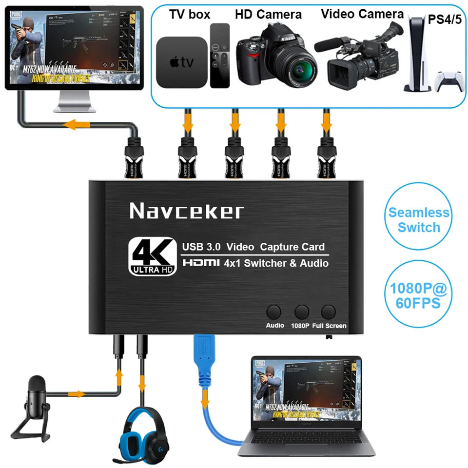 Black navceker 4 port 4k video capture card usb 3.0 with hdmi inputs and audio ports for grabber recorder seamless live streaming