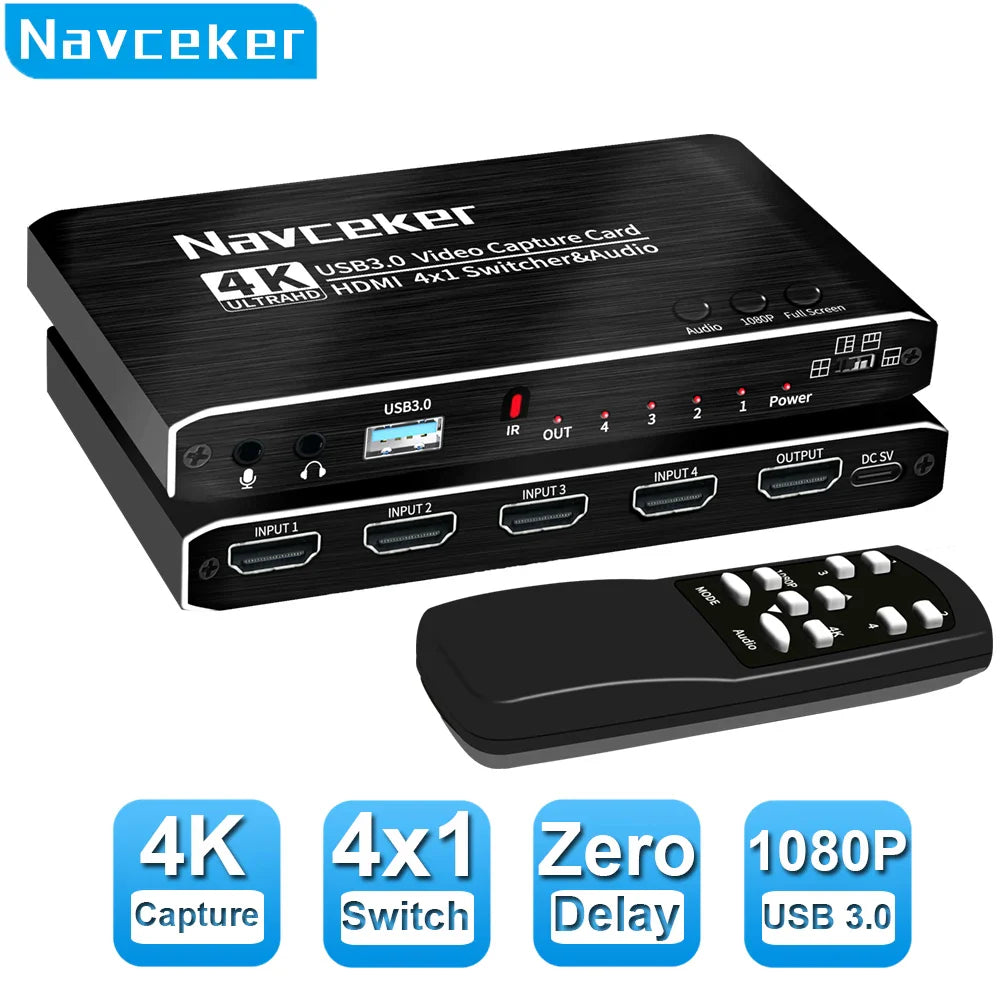 Black 4 port 4k video capture card usb 3.0 hdmi-compatible grabber recorder seamless for camera recording live with remote