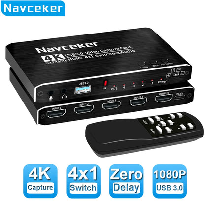 Black 4 port 4k video capture card usb 3.0 hdmi-compatible grabber recorder seamless for camera recording live with remote