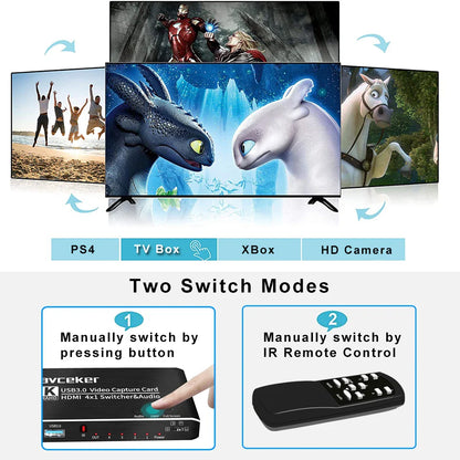 Black rectangular avceker usb 3.0 4 port 4k video capture card with grabber recorder seamless switcher for camera recording live