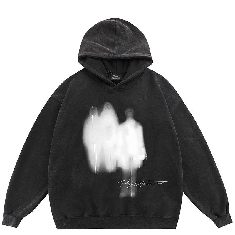 Black velvet hip hop oversize hoodie with ghostly white silhouette print and signature design for streetwear use