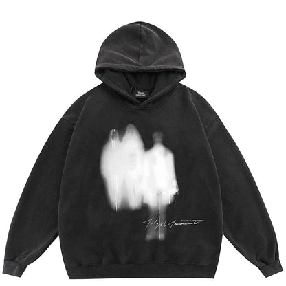 Black velvet hip hop oversize hoodie with ghostly white silhouette print and signature design for streetwear use