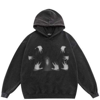 Black oversized hip hop hoodie with faded white handprint graphic front streetwear pullover sweatshirt
