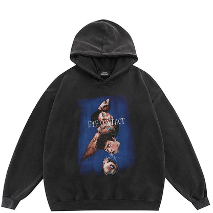 Black oversized hip hop hoodie with blue face ghost graphic and eye contact text for men streetwear pullover