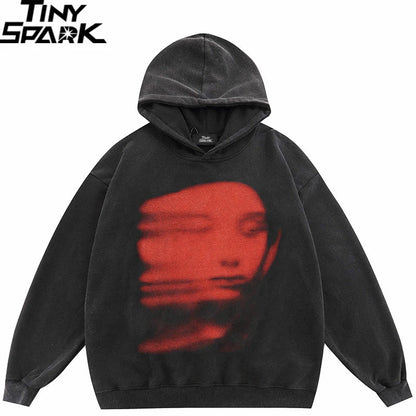 Black hooded sweatshirt with faded red face ghost shadow graphic front print, oversized hip hop streetwear style
