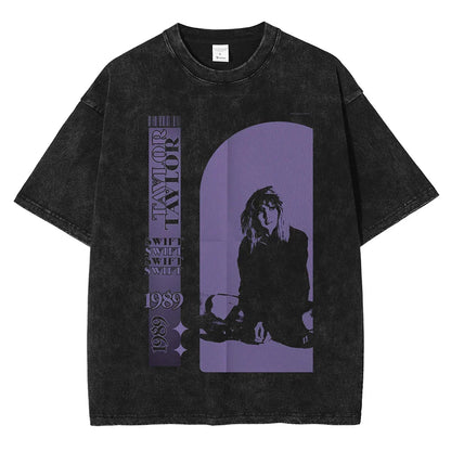 Black distressed cotton hip hop rapper graphic tee shirt streetwear featuring purple taylor swift 1989 print men casual crew
