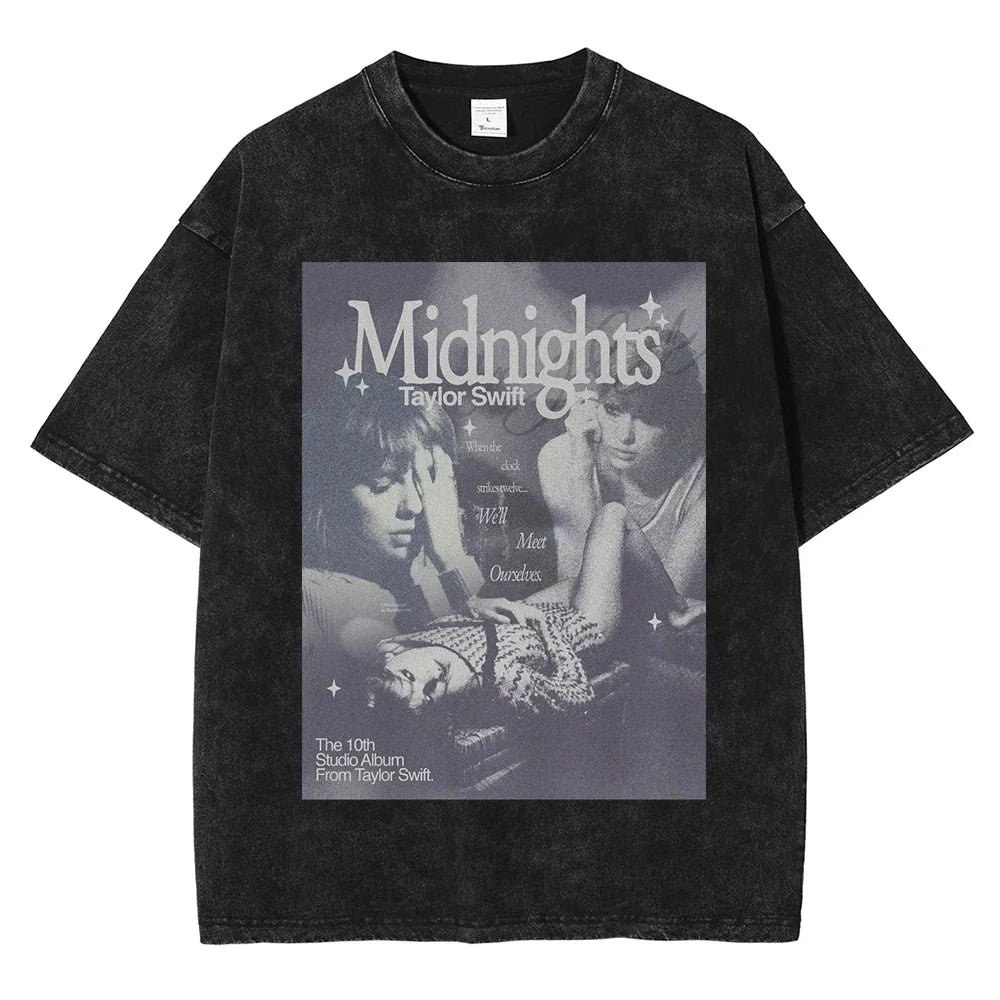 Black distressed cotton hop rapper graphic men casual crew tee shirt streetwear featuring Taylor Swift midnights design