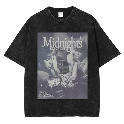 Black distressed cotton hop rapper graphic men casual crew tee shirt streetwear featuring Taylor Swift midnights design