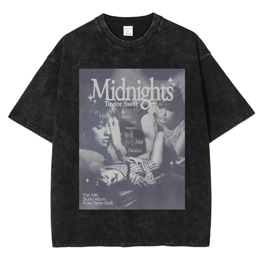Black distressed cotton hop rapper graphic men casual crew tee shirt streetwear featuring Taylor Swift midnights design