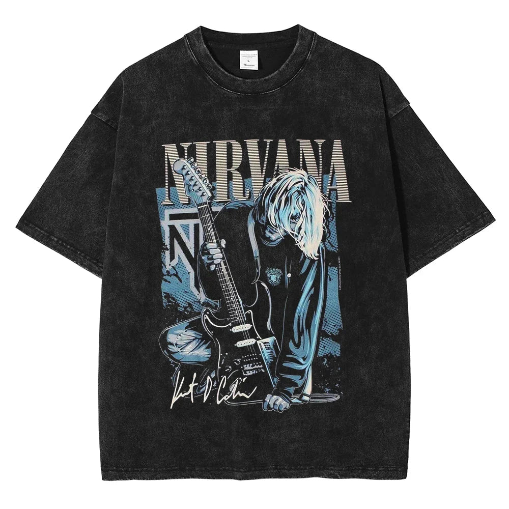 Black distressed cotton hip hop rapper graphic t-shirt men casual crew neck tee shirt streetwear with nirvana print