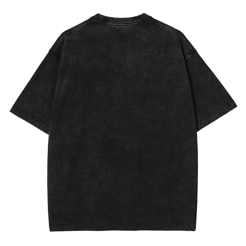 Black oversized hip hop rapper graphic t-shirt men casual crew with faded distressed denim-like texture streetwear tee shirt