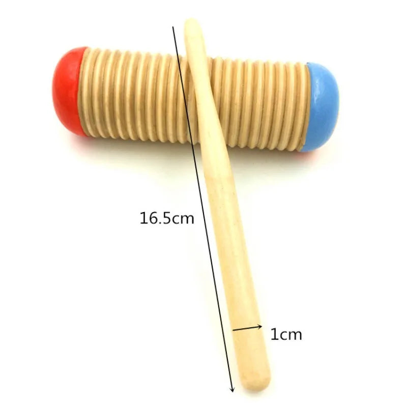 Wooden guiro music toy with ribbed body and red blue plastic ends percussion tool for child early educational use
