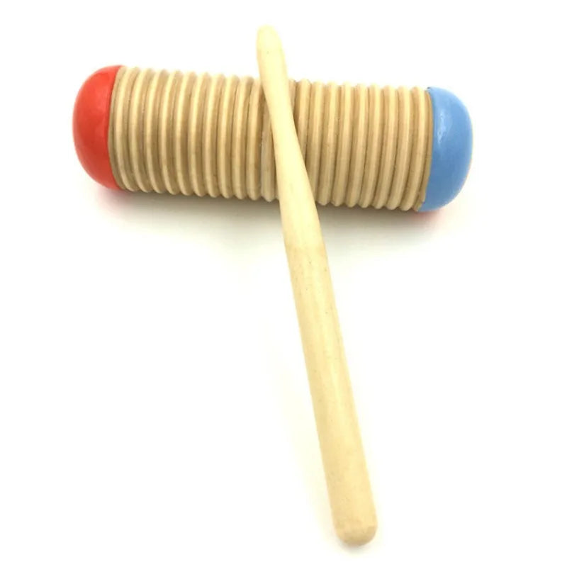 Wooden guiro music toy with red and blue ends and ribbed body for child early educational toys tool percussion use