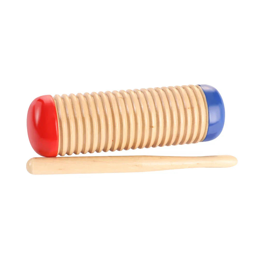 A wooden guiro music toy with a ribbed body and red and blue plastic ends for child early educational percussion