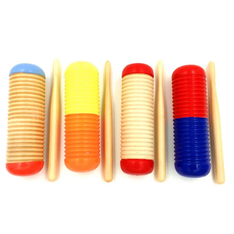 Set of four colorful plastic wooden guiro music toys tool percussion with wooden mallets for child early educational use