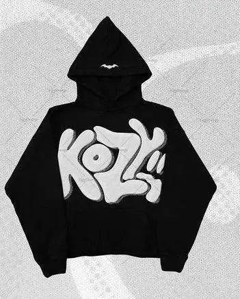 Black hoodie featuring bold white kozz graffiti lettering and a small bat logo hood perfect for y2k harajuku street style