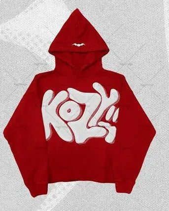 Red hoodie with bold white koz lettering and small logo on hood in y2k harajuku street alphabet foaming hoodie style