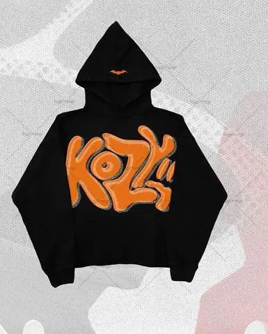 Black hoodie featuring bold orange kozz graffiti lettering and a bat logo hood for y2k harajuku street style spring american hip
