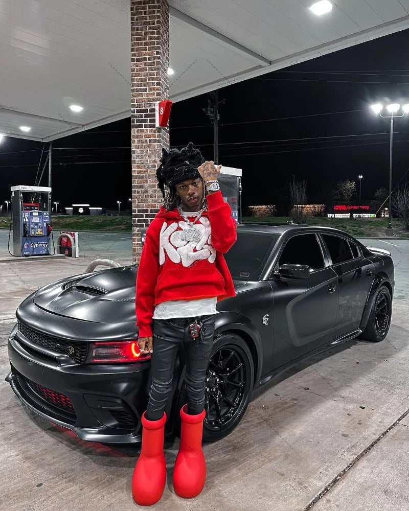 Black matte dodge charger with black rims and red taillights paired with y2k harajuku street alphabet foaming hoodie