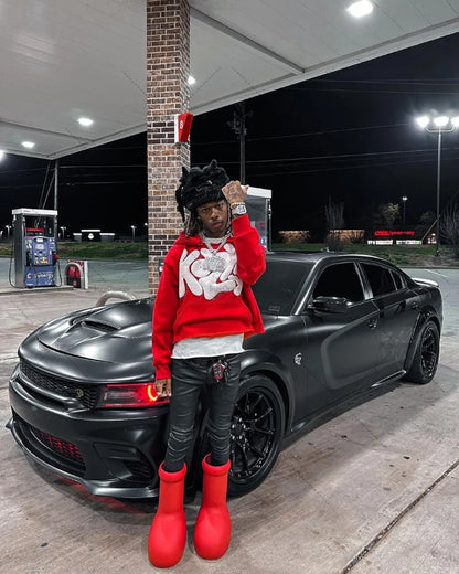 Black matte dodge charger with black rims and red taillights paired with y2k harajuku street alphabet foaming hoodie