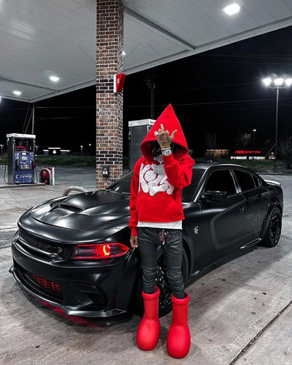 Black matte dodge charger with red led accents and rims paired with y2k harajuku street alphabet foaming hoodie