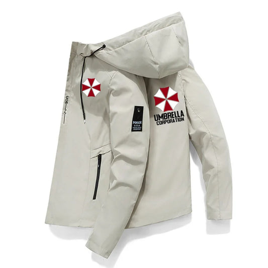Beige hooded casual blazer harajuku with red white umbrella corporation logos and black zipper accents for spring and autumn use