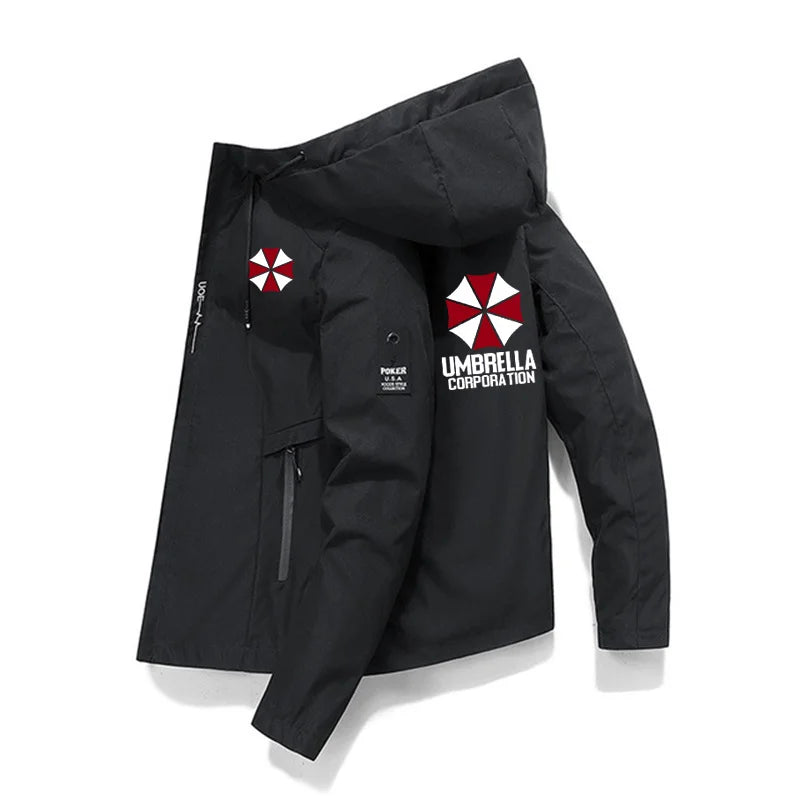 Back of black 2024 hino men’s casual blazer harajuku outdoor jacket with red white umbrella corporation truck logo spring patch
