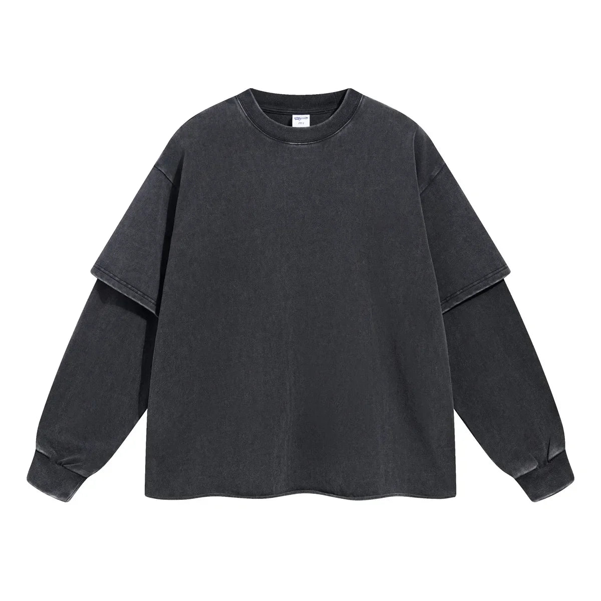 Black oversized long-sleeve hip hop retro sweatshirt with layered two-tone sleeves for men washing streetwear baggy tshirts y2k