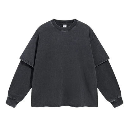 Black oversized long-sleeve hip hop retro sweatshirt with layered two-tone sleeves for men washing streetwear baggy tshirts y2k