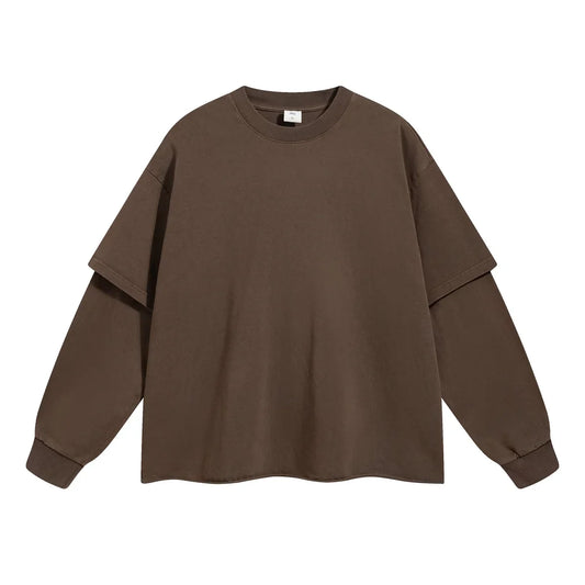 A minimalist olive green oversized sweatshirt with layered sleeves in hip hop retro style for men washing streetwear baggy tshirts y2k