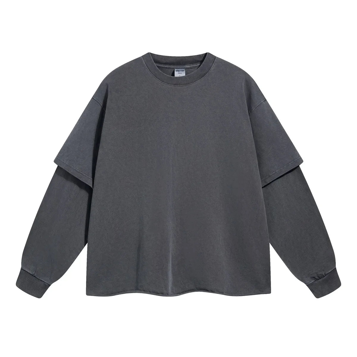 Dark gray oversized long sleeve sweatshirt with layered two piece sleeves for men hip hop retro baggy tshirts y2k streetwear