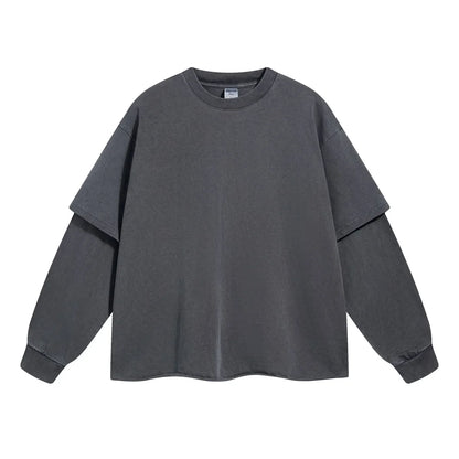 Dark gray oversized long sleeve sweatshirt with layered two piece sleeves for men hip hop retro baggy tshirts y2k streetwear