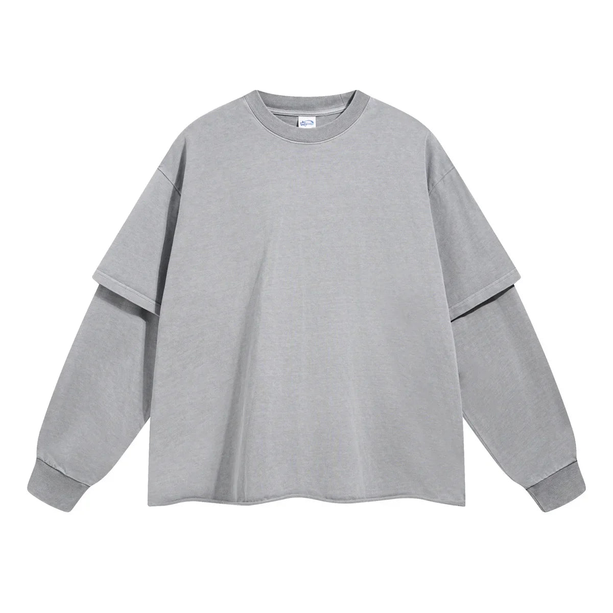 Gray oversized hip hop retro sweatshirt with double-layered sleeves for men washing streetwear baggy tshirts y2k style