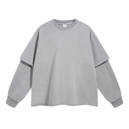 Gray oversized hip hop retro sweatshirt with double-layered sleeves for men washing streetwear baggy tshirts y2k style