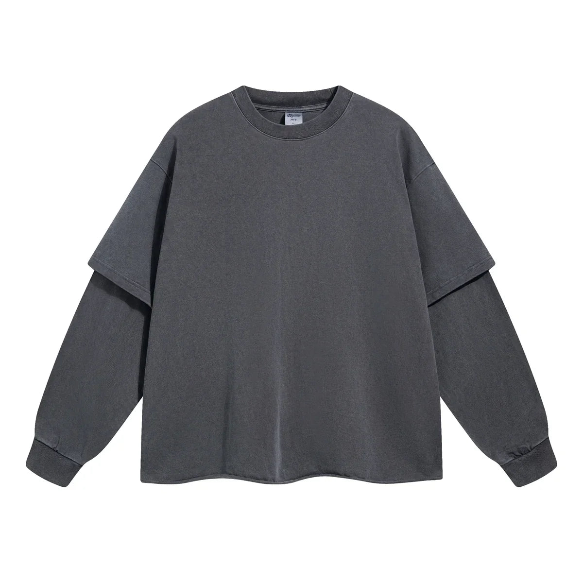 Dark gray oversized long sleeve sweatshirt with layered two piece sleeve design for men washing streetwear hip hop retro baggy tshirts y2k