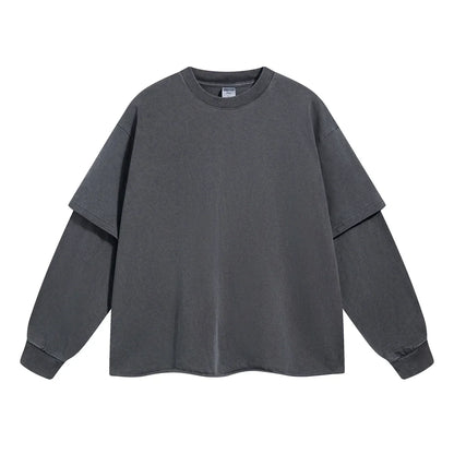 Dark gray oversized long sleeve sweatshirt with layered two piece sleeve design for men washing streetwear hip hop retro baggy tshirts y2k