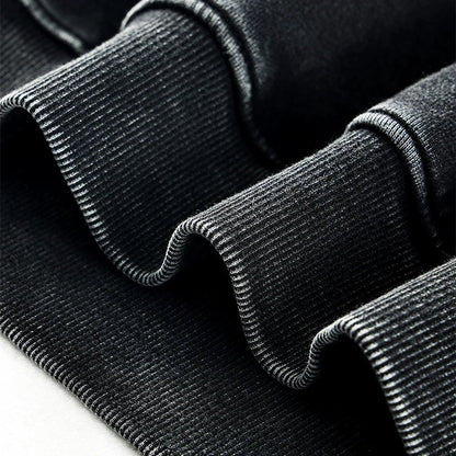 Black denim fabric with ribbed texture and white stitching on folded edges for hoodie oversize retro black pullover unisex