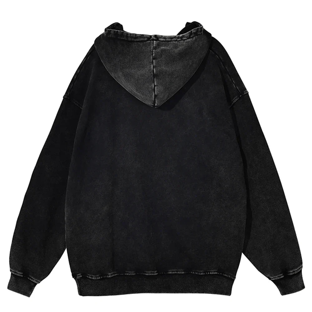 Black pullover unisex hoodie oversize retro with female portrait pattern and ribbed cuffs in distressed washed texture