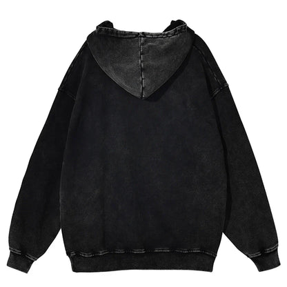 Black pullover unisex hoodie oversize retro with female portrait pattern and ribbed cuffs in distressed washed texture