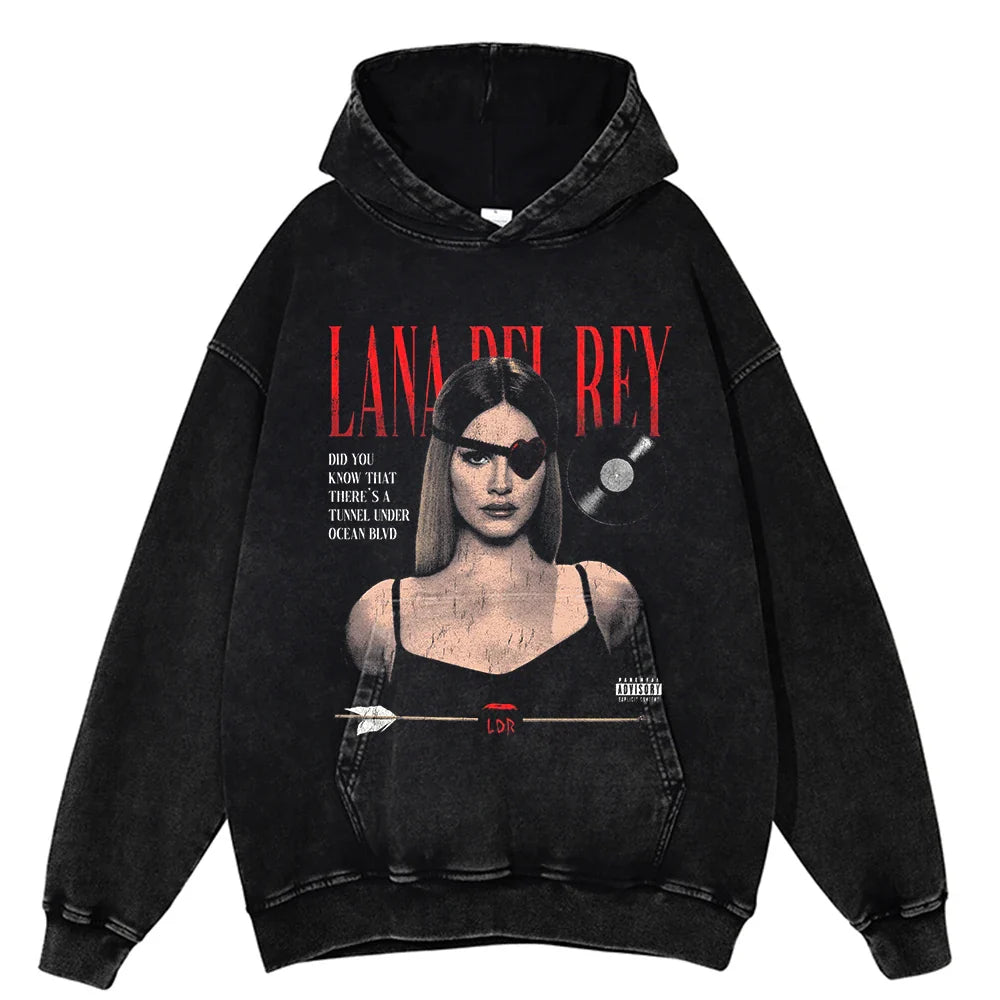 Black oversized hoodie oversize retro with distressed lana del rey female portrait pattern red text arrow design unisex pullover